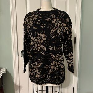 Vintage 1980s or 1990s Black Floral Sweater with Gold Metallic Floral Pattern